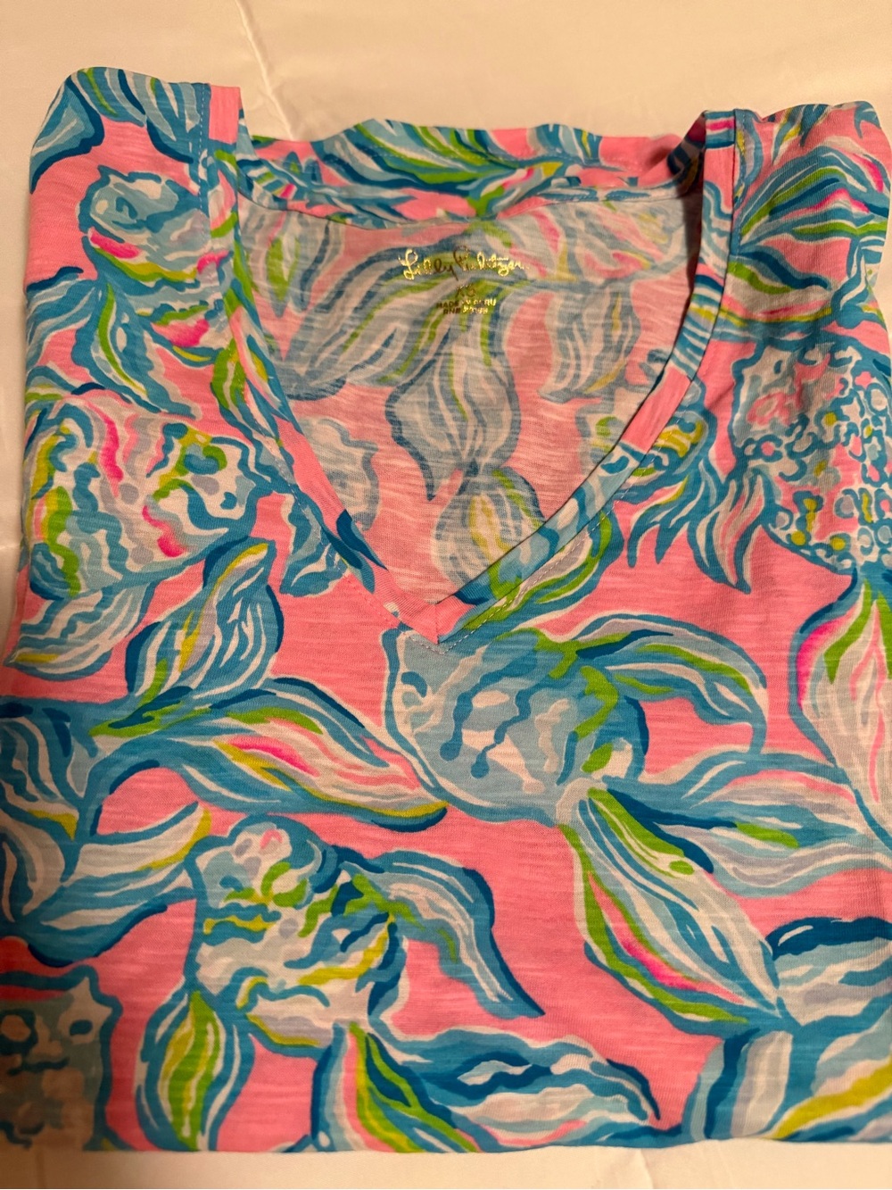 Lilly Pulitzer Pink Floral V-Neck Tee with Blue & Green Accents